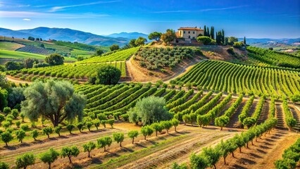 Idyllic Mediterranean rural landscape with vineyards and olive groves under a clear blue sky , vineyards