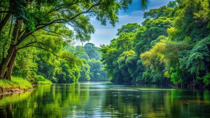 Wall Mural - Lush riverbank with dense foliage and trees , vegetation, greenery, nature, forest, serene, scenic, water, flowing