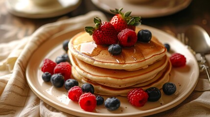 Wall Mural - Fluffy Pancakes with berries plate