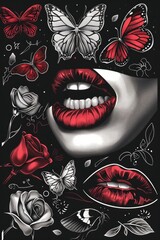 Wall Mural - A close-up shot of a woman's lips adorned with butterflies and roses