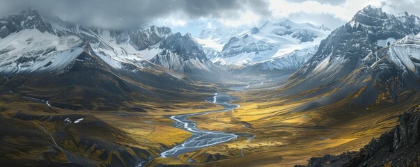 Wall Mural - Glacier-carved valley with a winding river flowing through it, 4K hyperrealistic photo