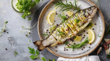 Wall Mural - A plate of fish with lemon and herbs on it