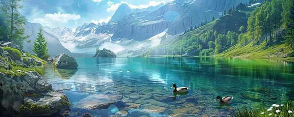 Sticker - Crystal-clear mountain lake with a family of ducks swimming peacefully, 4K hyperrealistic photo