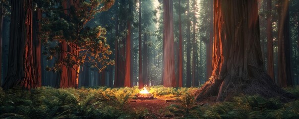 Wall Mural - Majestic redwood forest with a campfire burning under the stars, 4K hyperrealistic photo