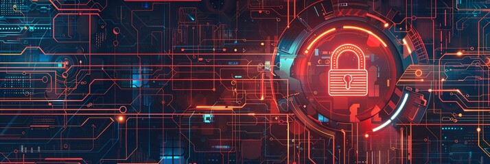 Fototapete - An abstract illustration depicting digital locks, shields, and network nodes protected by advanced AI algorithms. Generative AI