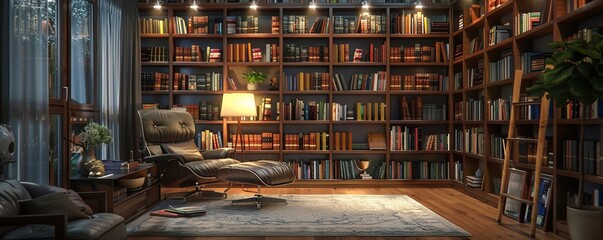 Library-inspired home office with floor-to-ceiling bookshelves, a comfortable reading chair, and warm lighting, 4K hyperrealistic photo