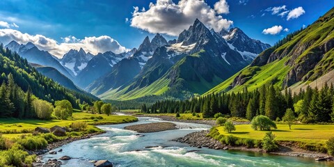 Wall Mural - Scenic mountain with river flowing through lush green valley and majestic peaks under clear sky, Mountain, river, valley
