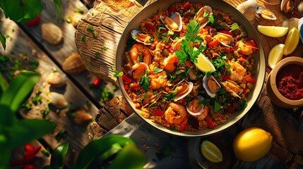 Flavorful Spanish paella with a variety of meats and seafood