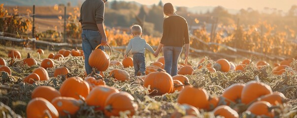 family exploring a pumpkin patch for national dessert day, october 14th, picking pumpkins for pies, 