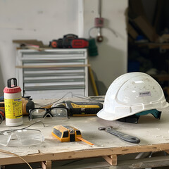 A table contains a hard hat, safety goggles and safety glasses