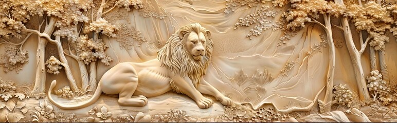 Wall Mural - Beautiful lions 3d relief wallpaper. Mural wallpaper. Wall art. AI generated illustration.