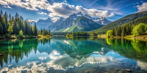 Wall Mural - Serene lake surrounded by majestic mountains reflecting in the calm water, nature, landscape, scenic, tranquil, peaceful, water