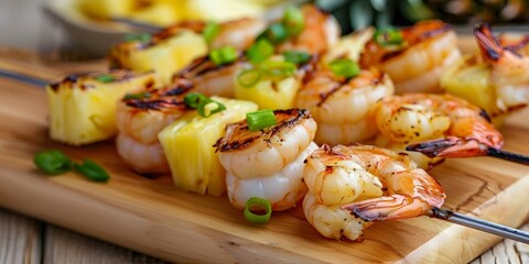 Wall Mural - Grilled shrimp skewers with pineapple and green onions on wooden board. Concept Food Photography, Seafood Recipes, BBQ Meals, Tropical Dishes, Outdoor Dining