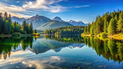 Wall Mural - A serene landscape of a peaceful lake reflecting the surrounding trees and mountains , nature, tranquility, calm, peaceful