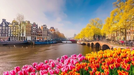 Wall Mural - historical houses of Amsterdam over canal ring landmark in old european citye, Holand Netherlands. Amsterdam spring scenery with tulips