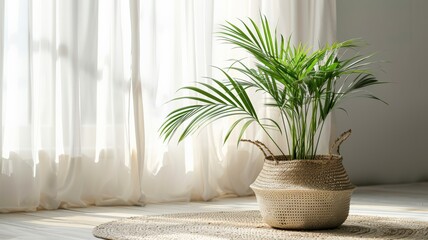 Wall Mural - Green Palm Plant in Wicker Basket Beside White Sheer Curtains on a Natural Woven Rug, Sunlight