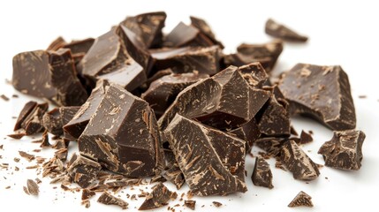 Large chunks of quality bitter chocolate broken into pieces with cocoa and cocoa butter