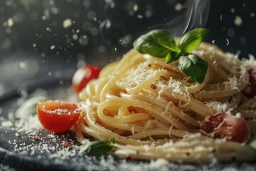 Poster - A colorful dish of spaghetti with tomatoes and basil