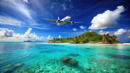 Wall Mural - Airplane flying over crystal clear sea with stunning paradise islands in the background, airplane, sea, paradise, islands
