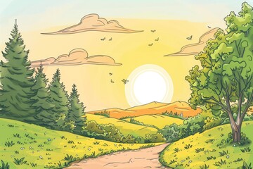 Wall Mural - A rural landscape with a dirt road winding its way through a lush green field