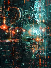 Fototapete - An abstract depiction of cybersecurity elements, such as digital locks, shields, and network nodes, protected by AI algorithms. Generative AI