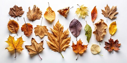 Wall Mural - Various kinds of dry leaves isolated on background, dry leaves, autumn, fall, foliage, nature, botanical, organic, seasonal