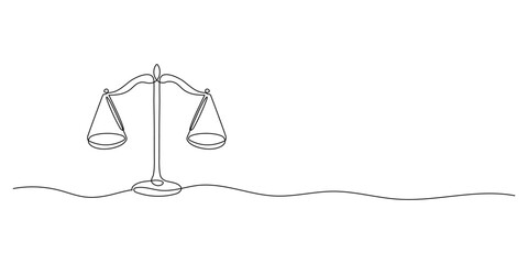 Line drawing of the balance of law and the scale of justice. Sign of equality and balance concept and company logo in simple linear style. Doodle vector illustration