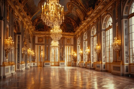 Step into a beautifully decorated ballroom in France, where elegant chandeliers illuminate the space and golden accents add a touch of luxury.