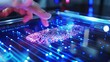 © Parintron - The image shows a person touching a fingerprint scanner. The scanner is surrounded by blue light. The image is about security and technology.