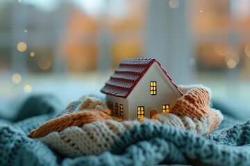 A peaceful image of a small house figurine nestled amidst layers of warm clothing and blankets on a table, conveying the concept of comfort and shelter