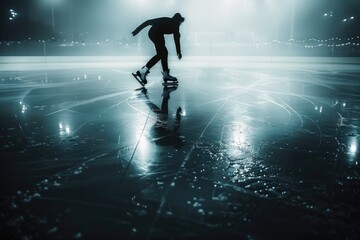 Wall Mural - A person rides a skateboard on a frozen surface, with ice and snow surrounding them