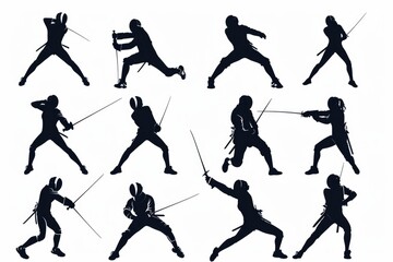 A set of ninjas in various poses holding swords, ideal for use as abstract backgrounds or symbols