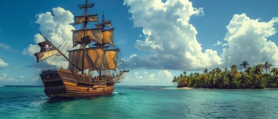 Wall Mural - A pirate ship sailing the Caribbean Sea during the golden age, with the  flag billowing, as swashbuckling buccaneers prepare for a treasure hunt, embodying the adventure and legend 