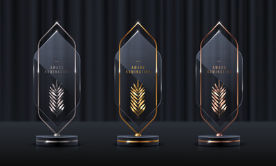 Wall Mural - Set of glass award trophy with palm branch. Transparent prize template with golden branch. Winner first place concept. Vector illustration.