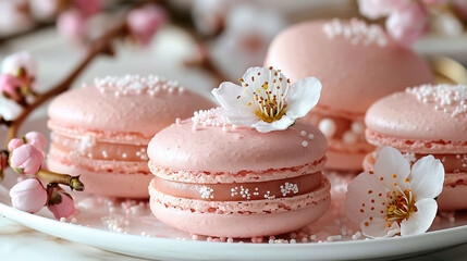 Wall Mural -  A white plate adorned with pink macaroons smothered in frosting and embellished with pink and white blossoms