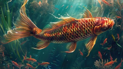 Wall Mural - A close-up shot of a fish swimming in the water, with ripples and reflections visible