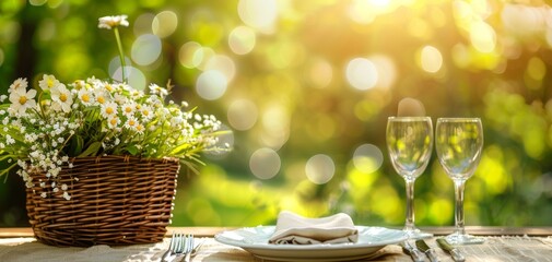 Elegant wedding table arrangement featuring glasses, plates, and napkins in beige and white, with fresh flowers in a basket and a soft, bokeh garden background