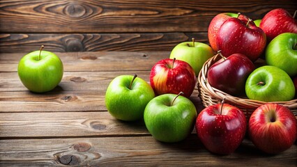 Wall Mural - Fresh red and green apples on a wooden table , healthy, organic, fruit, nutritious, vibrant, juicy, autumn, harvest, farm, diet