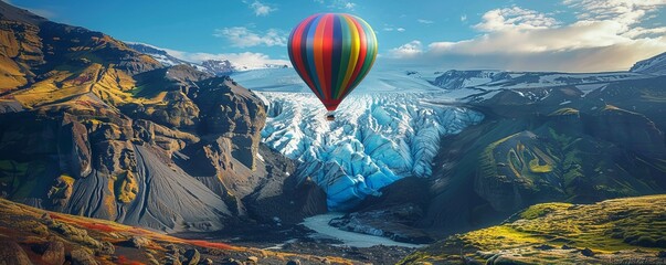 Wall Mural - Glacier-carved valley with a colorful hot air balloon floating above, 4K hyperrealistic photo