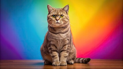 Wall Mural - Studio photography of a Scottish Straight Shorthair cat posing on vibrant colored backgrounds, Scottish straight shorthair