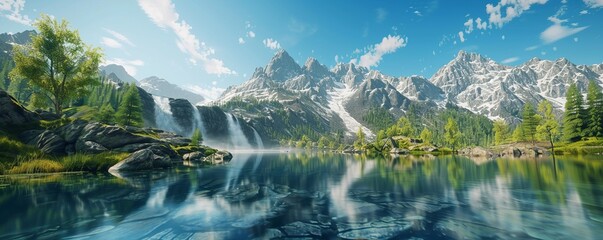 Canvas Print - Crystal-clear mountain lake with a cascading waterfall flowing into it, 4K hyperrealistic photo