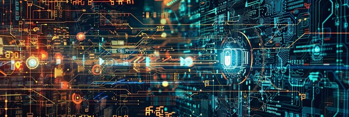 Fototapete - Abstract digital art depicting a futuristic cybersecurity network protected by AI algorithms, digital locks, and shields. Generative AI