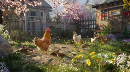 Sticker - Chickens foraging in a backyard during the spring season captured in a high resolution image