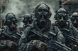 © Fotograf - Group of soldiers wearing gas masks, possibly preparing for chemical attack or training exercise