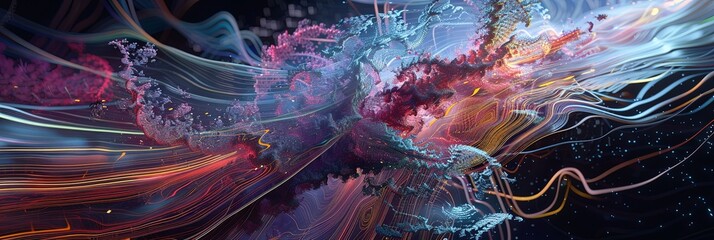Leinwandbilder - A digital illustration depicting massive information streams and complex graphs, representing AI data processing. Generative AI
