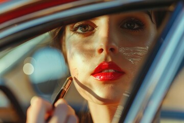 Wall Mural - a woman sits in the driver's seat of a vehicle, wearing bright red lipstick and possibly getting rea