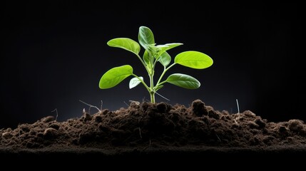 Photograph of a vibrant green seedling emerging from rich, dark soil, its delicate roots reaching deep into the earth