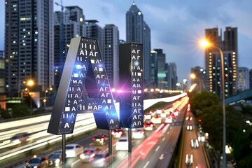 Wall Mural - Cityscape with AI themed signage, blending modern architecture with digital innovation at twilight.