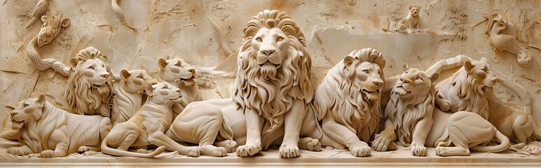 Wall Mural - Beautiful lions 3d relief wallpaper. Mural wallpaper. Wall art. AI generated illustration.