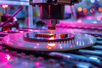 Poster - Robotic manufacturing of semiconductors and computer chips from silicon wafers. Modern technology concept
